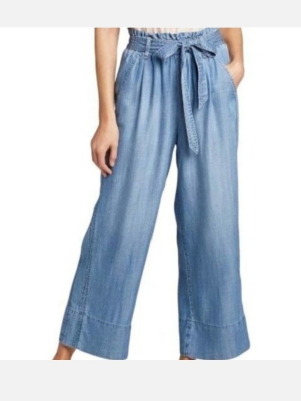 Knox Rose 100% Lyocell High Rise Wide Leg Waist Tie Chambray Blue Pant